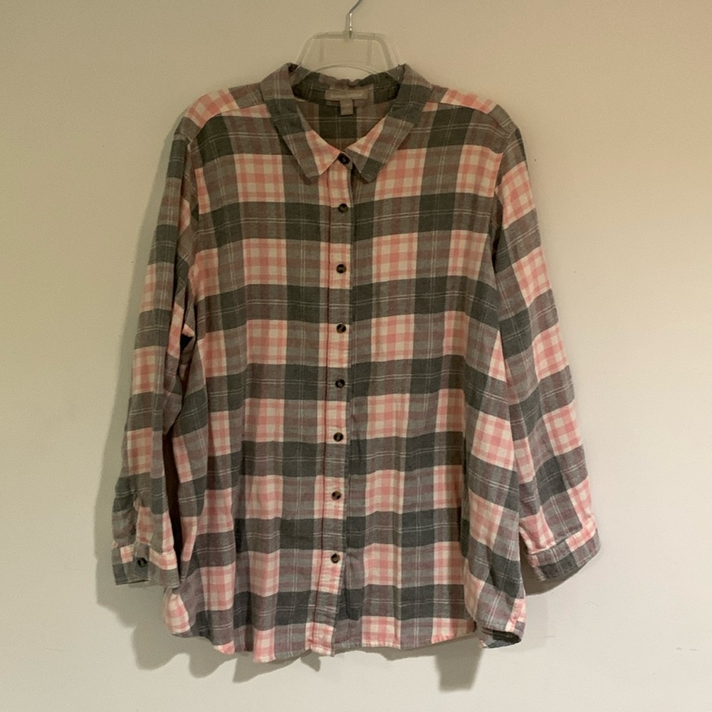 Woman Within Gray & Pink Plaid Soft Cotton Button Down Shirt, Size 1X (22/24)